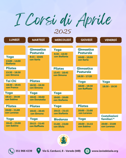 Calendario corsi yoga, taichi, pilates, ginnastica posturale, biodanza