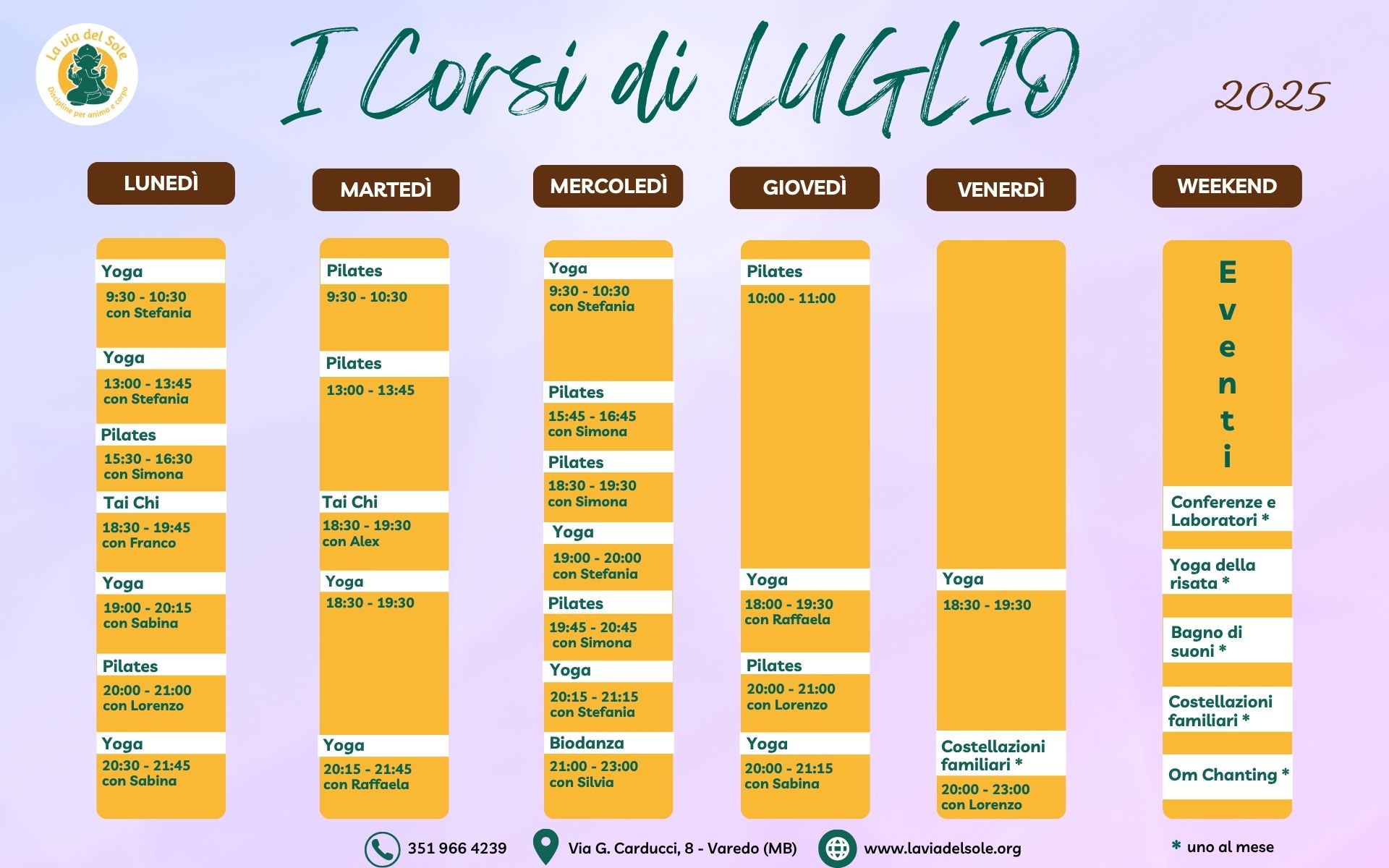 Calendario corsi luglio 2025 La via del Sole Varedo
