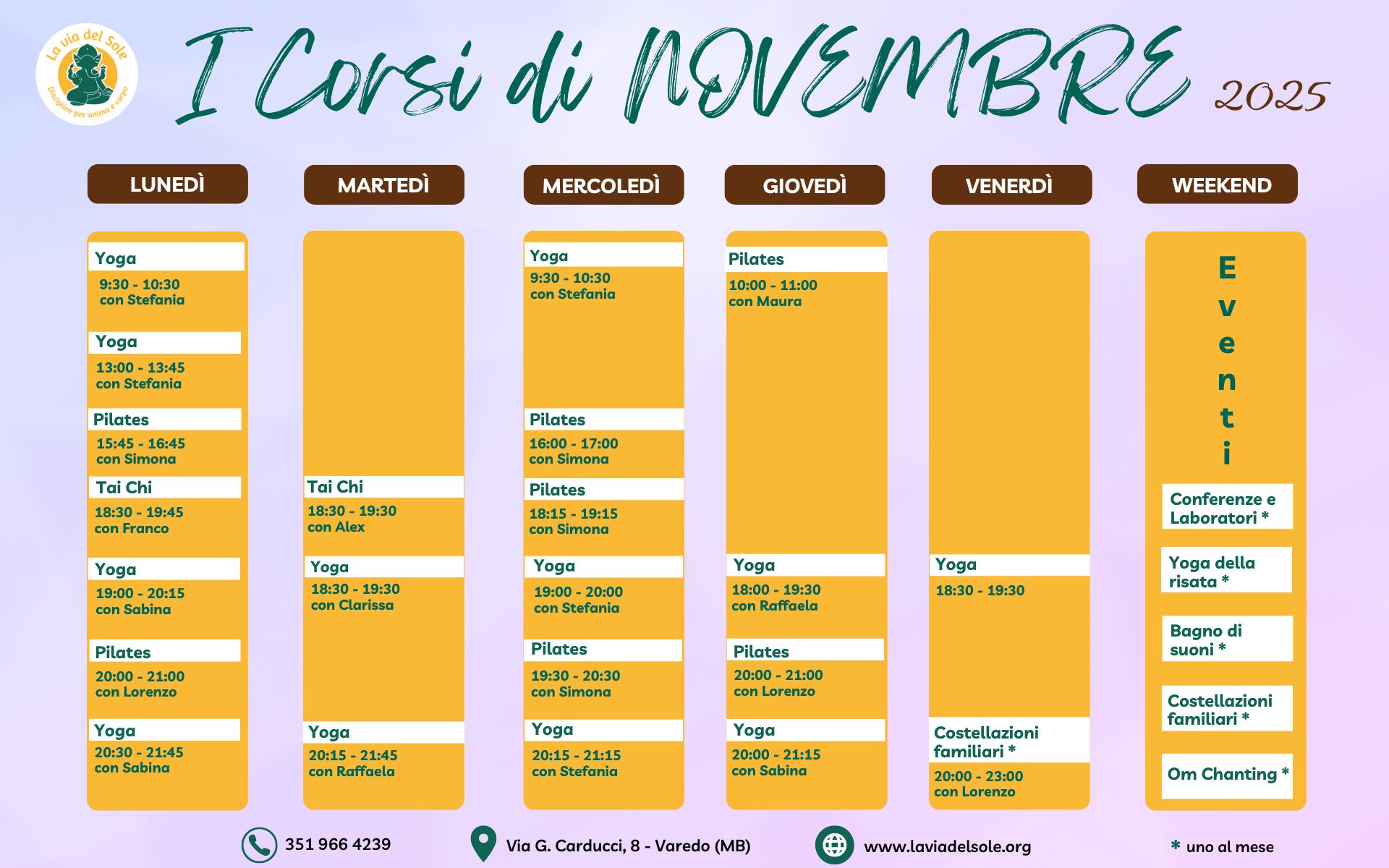 Calendario corsi novembre 2025 La via del Sole Varedo