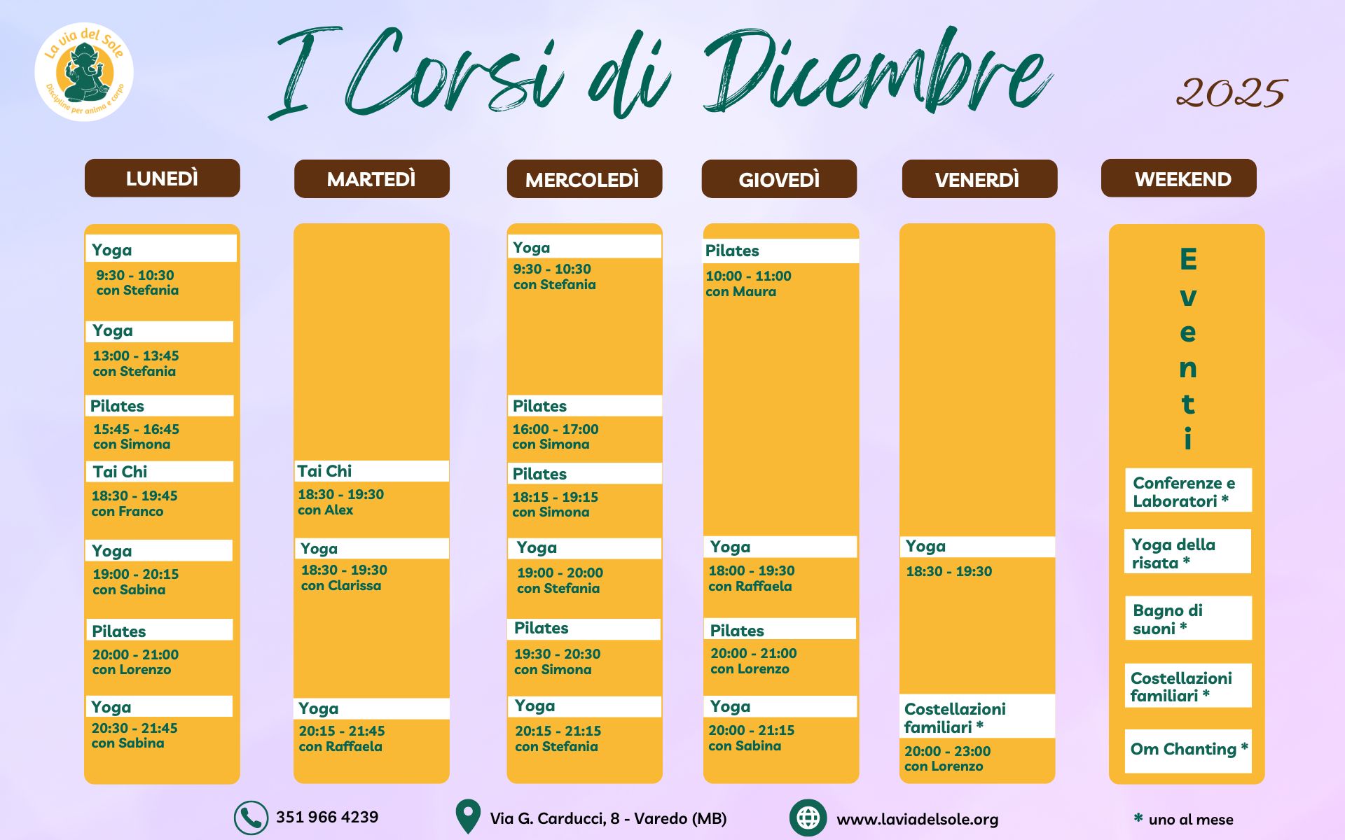 Calendario corsi dicembre 2025 La via del Sole Varedo