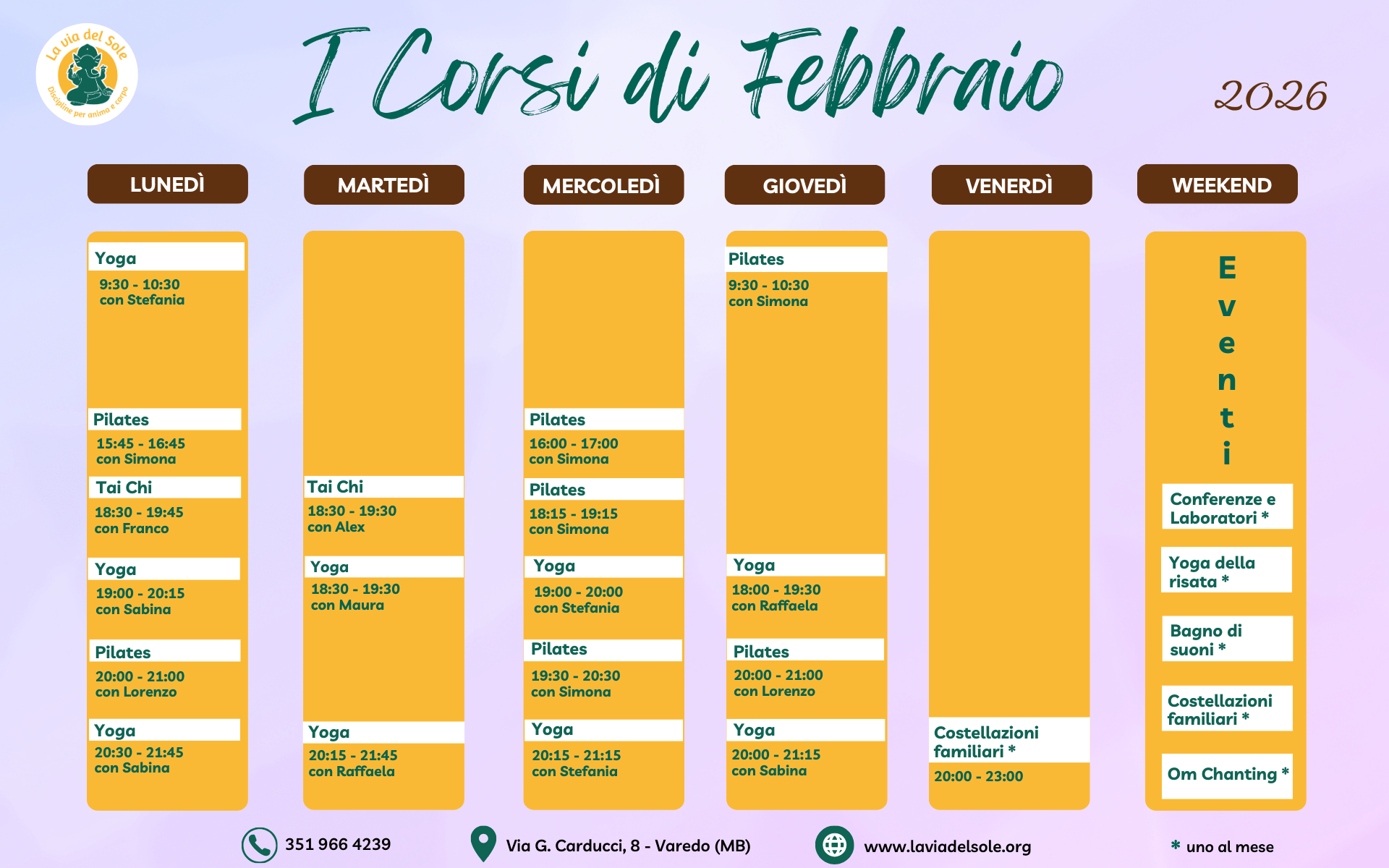 Calendario corsi febbraio 2026 La via del Sole Varedo