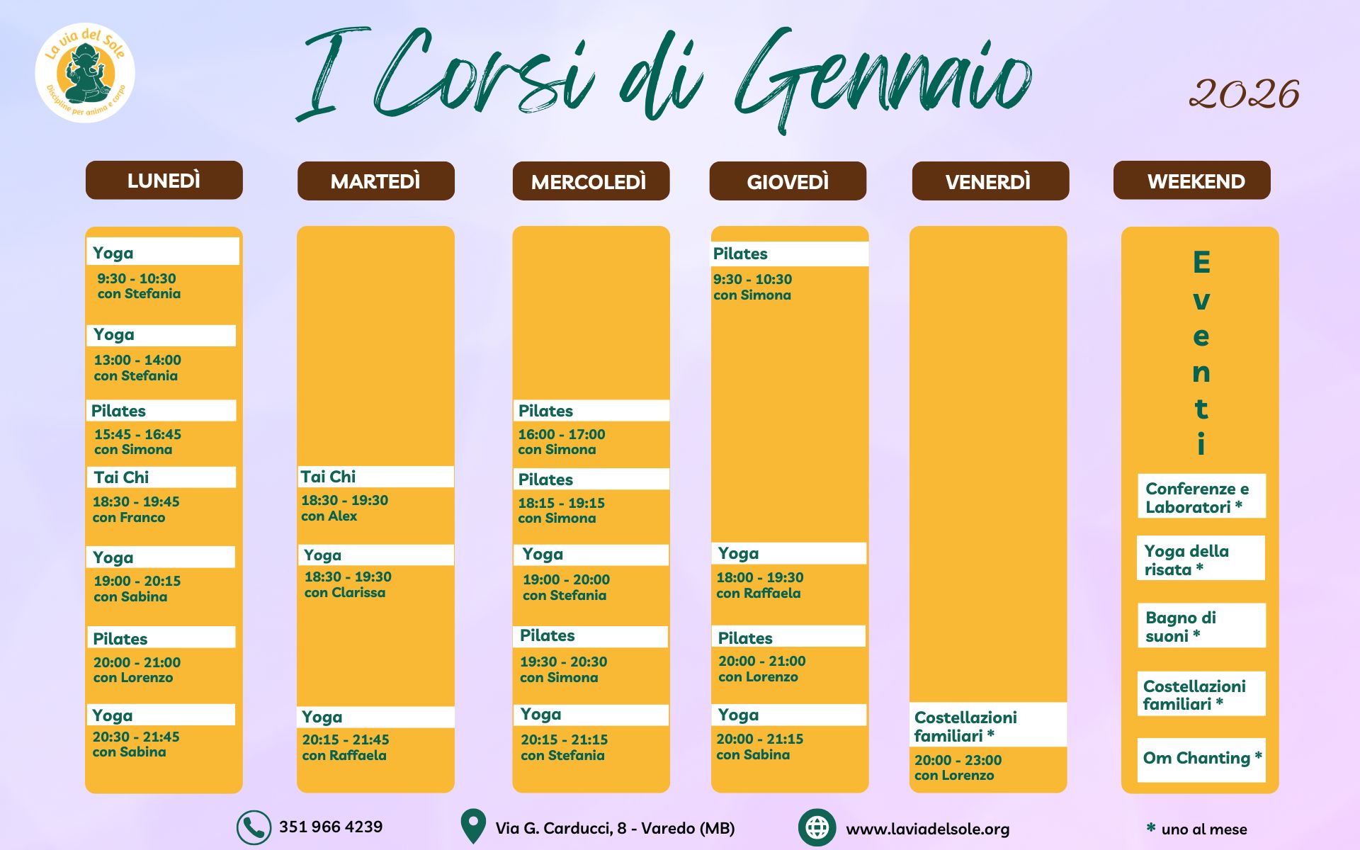 Calendario corsi gennaio 2026 La via del Sole Varedo