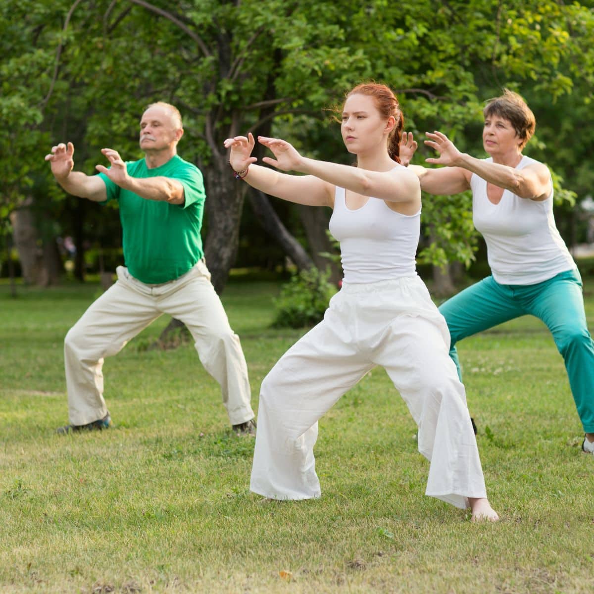 Persone praticano tai chi e qi kong insieme