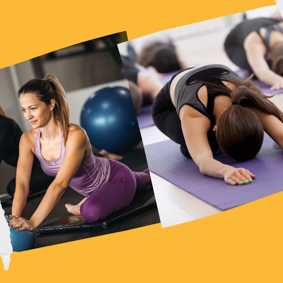 Una persona che pratica pilates a sinistra, a destra una che pratica yoga